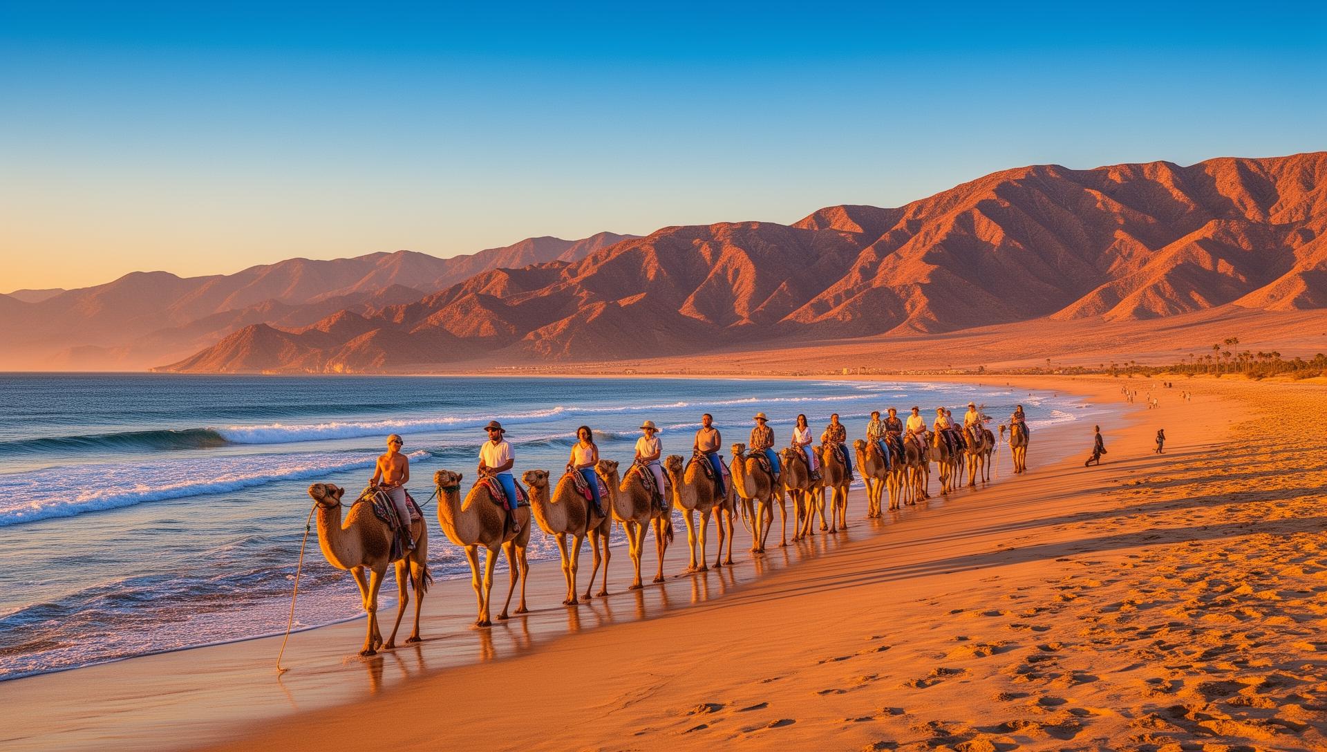 Camel riding along the Pacific Ocean beach in Los Cabos at sunset